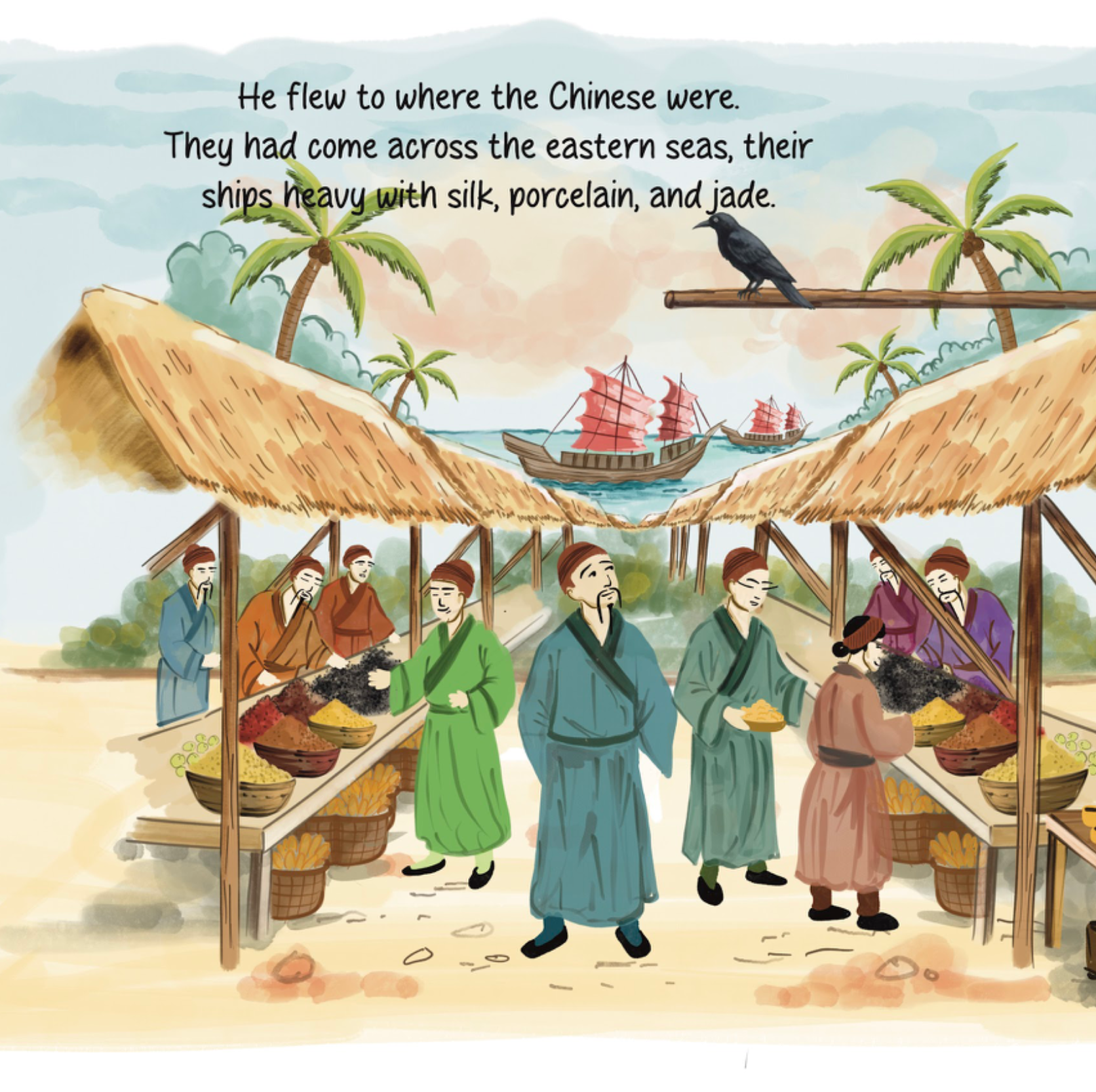 Illustration of a market scene with people and ships, text about Chinese traders.